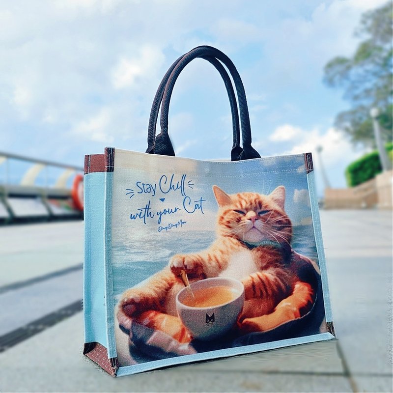 Canvas Tote Bag - Stay Chill with your cats - กระเป๋าแมสเซนเจอร์ - ผ้าฝ้าย/ผ้าลินิน สีน้ำเงิน