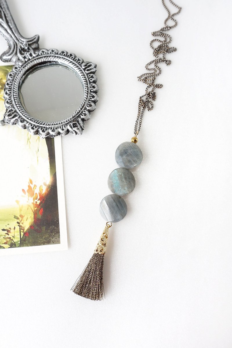 Gray Labradorite Stone Y Style Necklace with Tassel - Necklaces - Semi-Precious Stones Gray