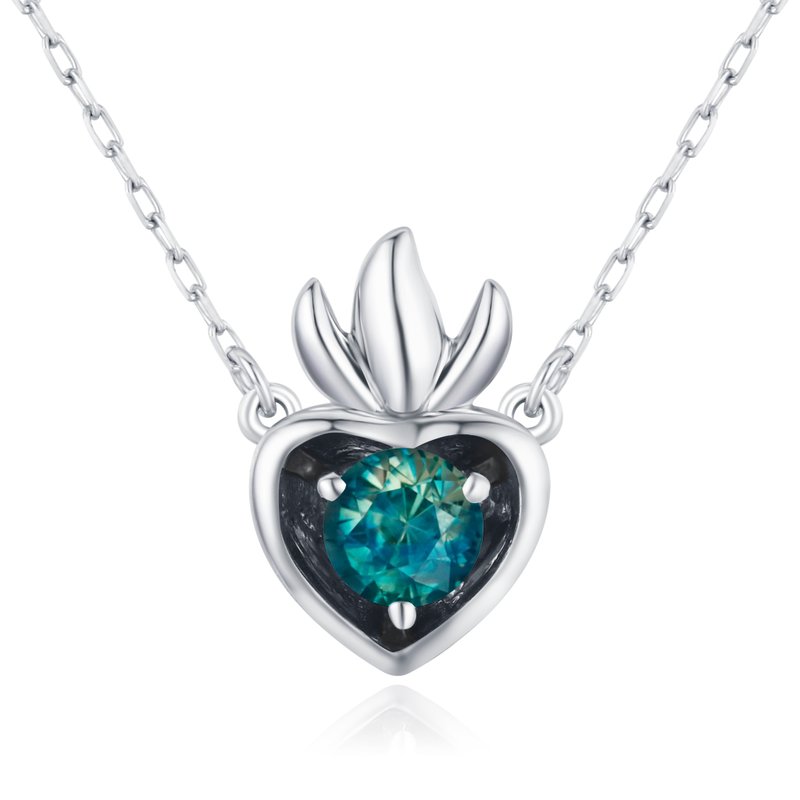 Teal sapphire necklace pendant-Sacred heart necklace-Charm layering necklace-Sep - สร้อยคอ - เครื่องประดับ สีเขียว