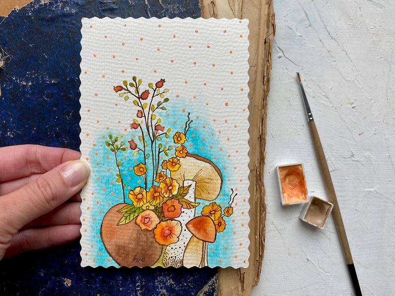 Mushroom painting Autumn Original art Mini watercolor Floral artwork by Rubinova - 掛牆畫/海報 - 紙 多色