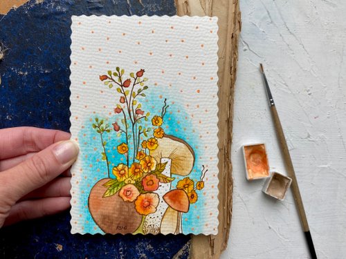 Rubinova Art Mushroom painting Autumn Original art Mini watercolor Floral artwork by Rubinova