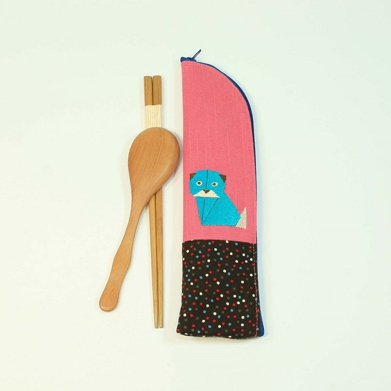 刺繡 筷袋02-狗 - 筷子/筷子架 - 棉．麻 粉紅色