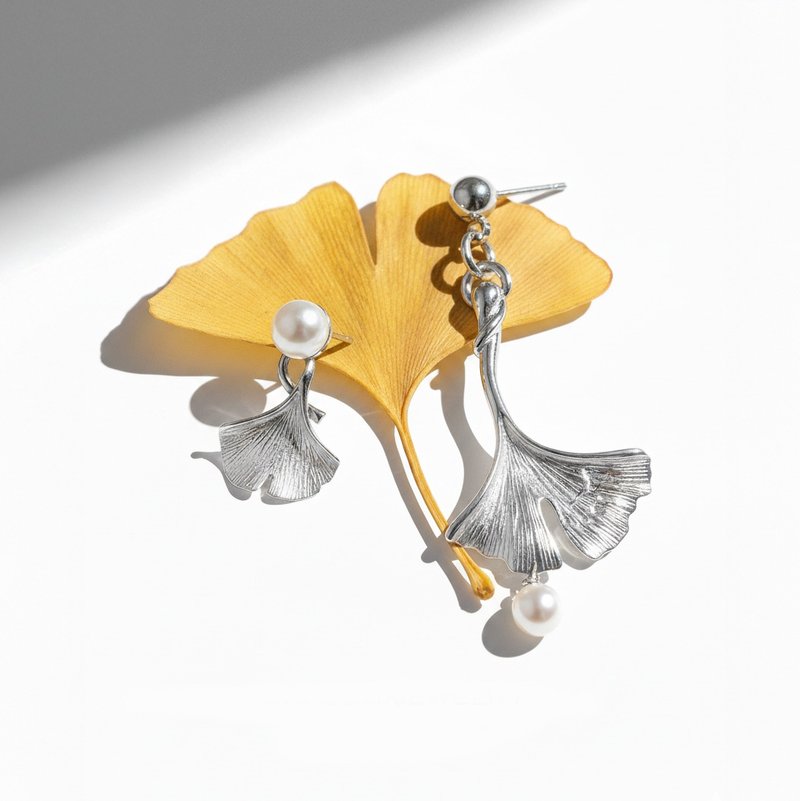 銀杏  奧地利水晶珍珠耳環 - 耳環/耳夾/耳骨夾 - 珍珠 白色