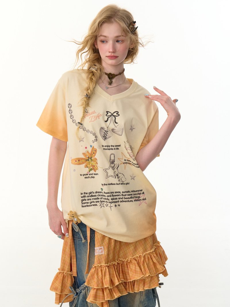 ziziFei夏美式復古設計感漸變色印花上衣寬松顯瘦v領短袖大t恤女 - 女 T 恤 - 其他材質 