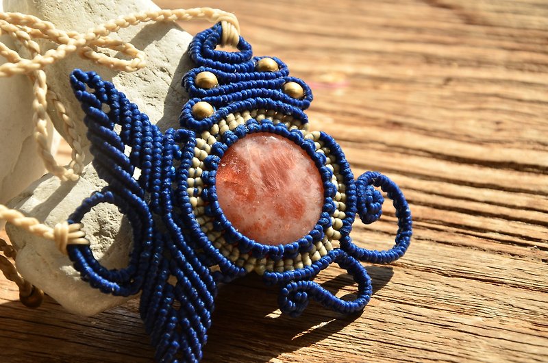 天然水晶-日光石-手制花邊編織項鍊 - 項鍊 - 寶石 藍色