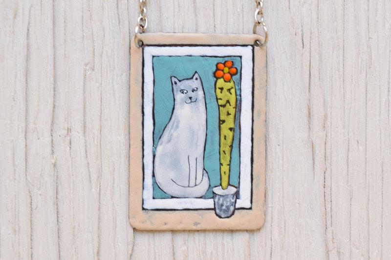 Home Sweet Home, Cactus, Cactus In Pot, Cat Necklace, Enamel Necklace, White Cat - Necklaces - Enamel 