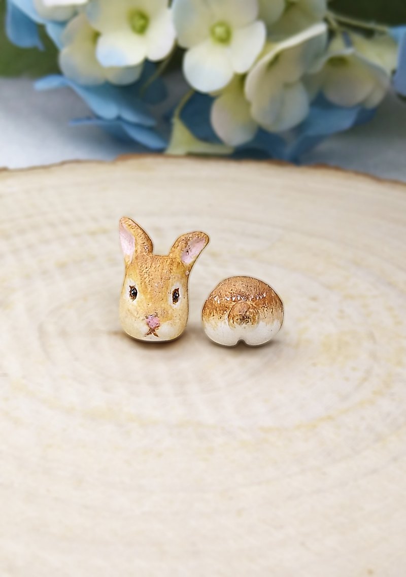全手作 啡色兔子耳環 防敏感耳針 耳釘/耳夾 - 耳環/耳夾 - 黏土 咖啡色