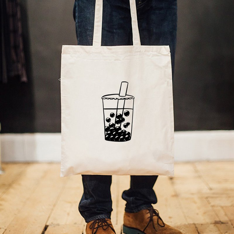 Bubble Tea 帆布環保手提肩包購物袋 米白 珍珠奶茶大容量秋冬 - 側背包/斜背包 - 其他材質 白色