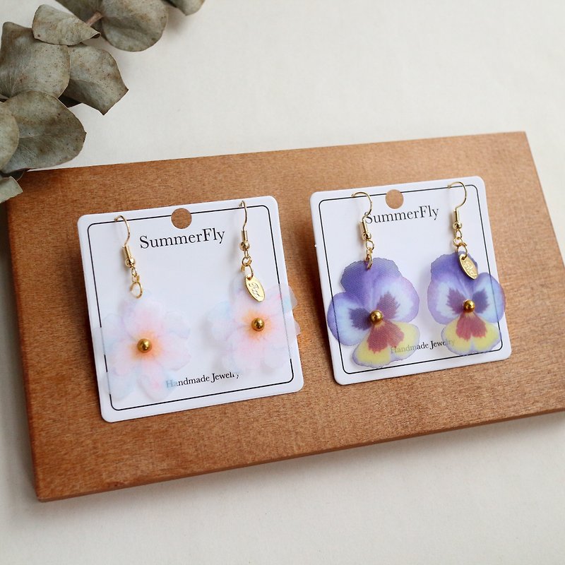 2 pairs - 18kgf water lily pansy viola plant crystal gift dangle earrings - Earrings & Clip-ons - Plants & Flowers Blue