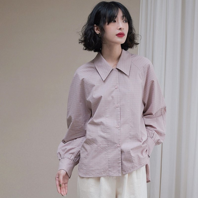 淡粉色格紋襯衫|襯衫|春款|棉|Sora-887 - 女襯衫 - 棉．麻 粉紅色