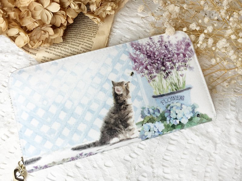 Hand a gift "long clip" Watercolor cat / Valentine's Day birthday Mother's Day exchange gift - กระเป๋าสตางค์ - หนังแท้ 