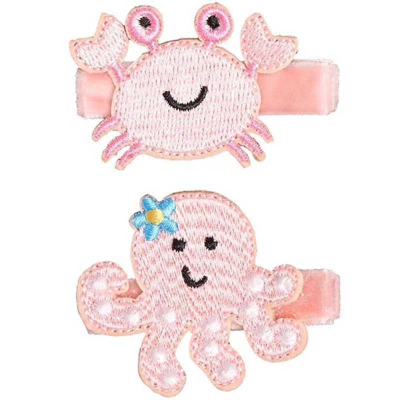 螃蟹與章魚髮夾兩入組 全包布手工髮飾Crab & Octopus - 髮夾/髮圈 - 聚酯纖維 粉紅色