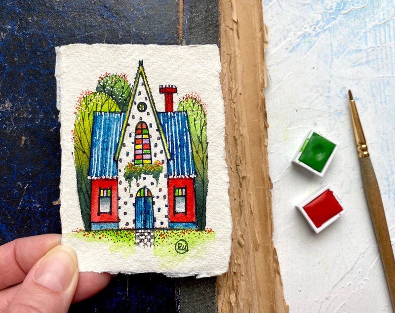 ACEO House art Miniature Original watercolor Bright artwork by Rubinova - Posters - Paper Multicolor