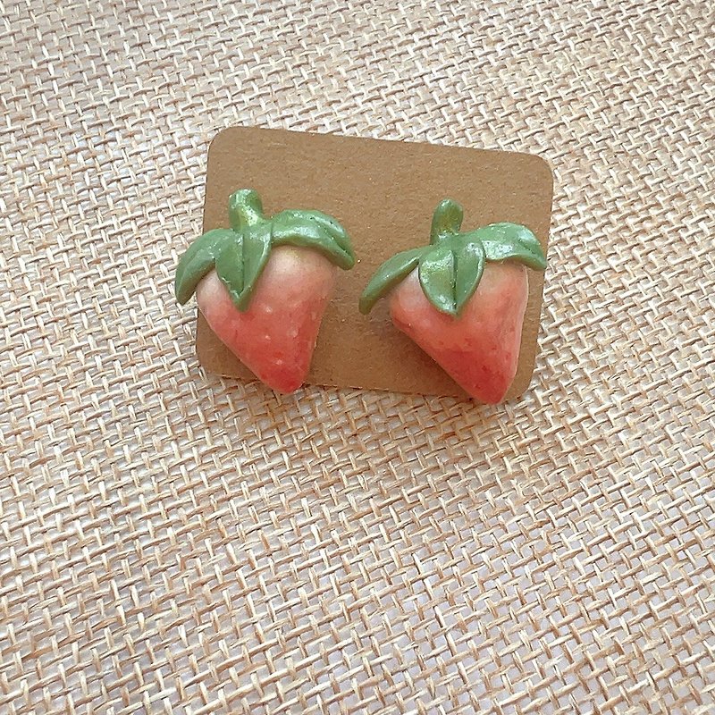 Rabbit bag big strawberry handmade soft pottery earrings earrings newbie sweet price limited time limit - Earrings & Clip-ons - Clay Red