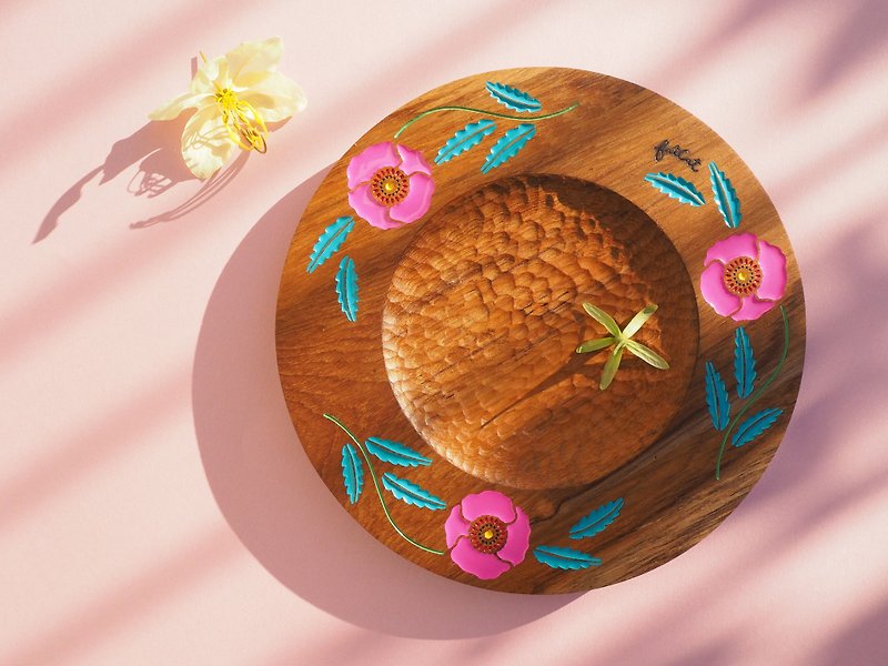 Poppy Crown Teak Plate (Pink and Teal) - Small Plates & Saucers - Wood Brown