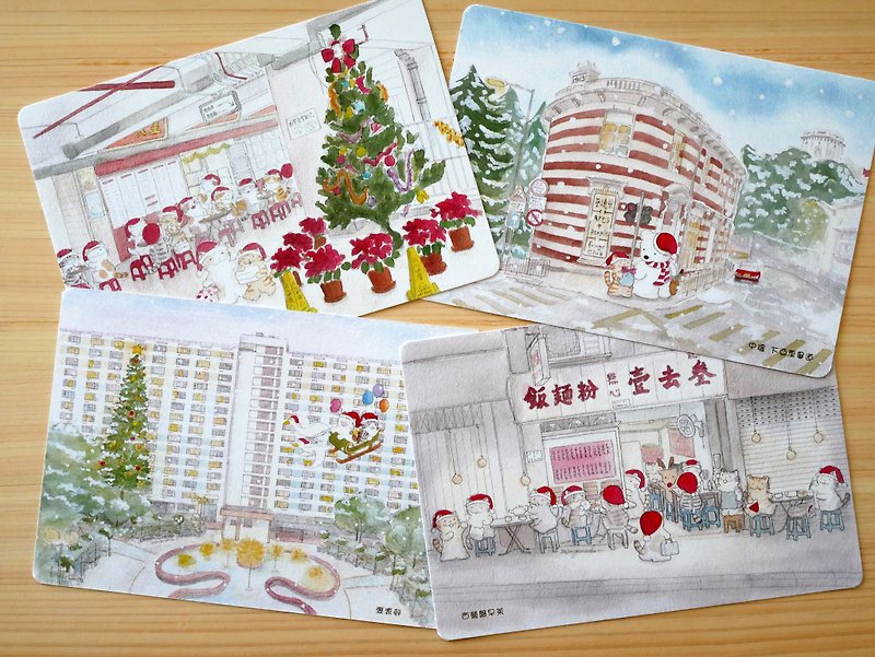 貓咪香港クリスマスポストカード4枚セットB - はがき‧メッセージカード - 紙 