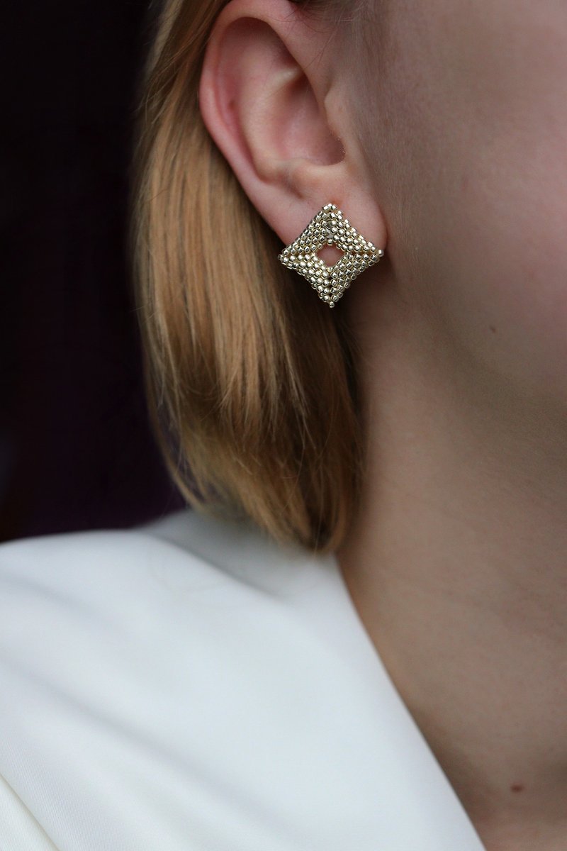 Glass Earrings & Clip-ons Silver - Handmade rhombus earrings Japanese beads  stainless steel stud earrings