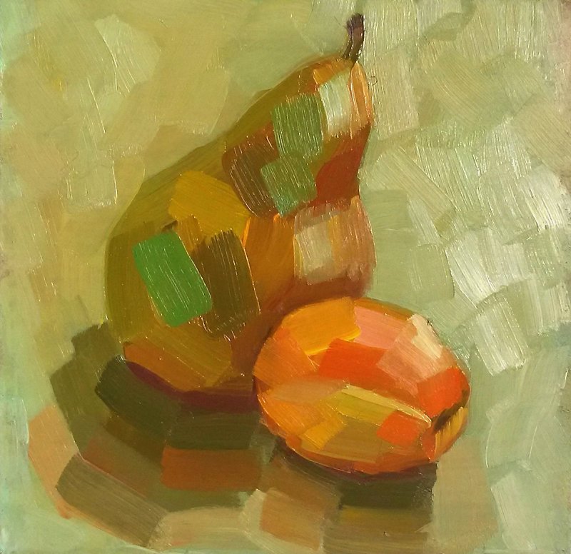 Apricot Painting Pear Original Art Fruit Artwork 15 by 15 cm by Svetlana - Posters - Other Materials Green