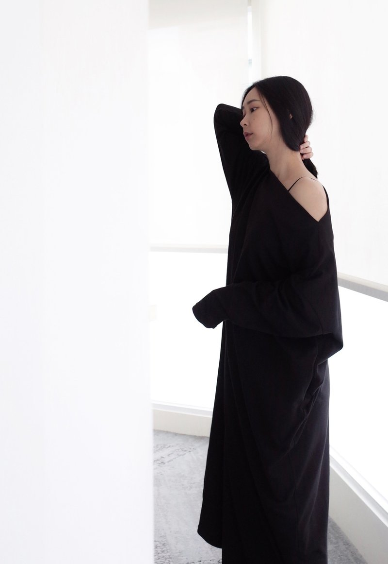 2way off shoulder dress - ชุดเดรส - ผ้าฝ้าย/ผ้าลินิน สีดำ