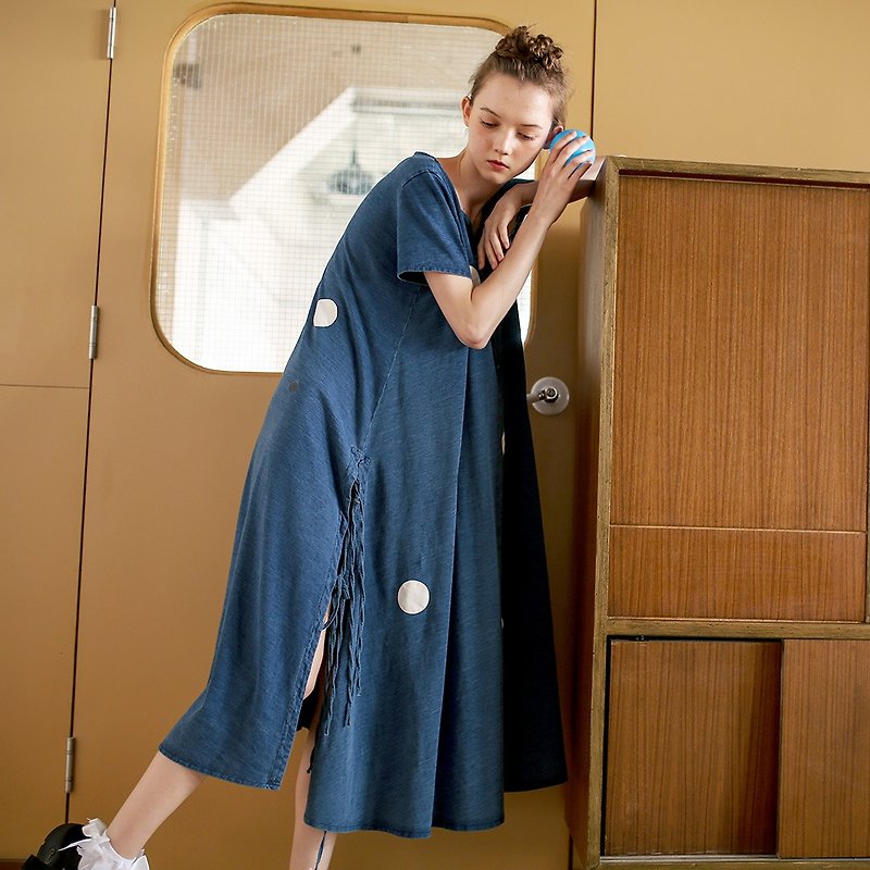 Denim blue dot loose belt dress dress - imakokoni - ชุดเดรส - ผ้าฝ้าย/ผ้าลินิน สีน้ำเงิน