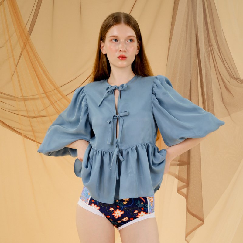 Ribbon Blouse - Cloud blue / beachwear cover-up top 088BLUE - Women's Tops - Polyester Blue