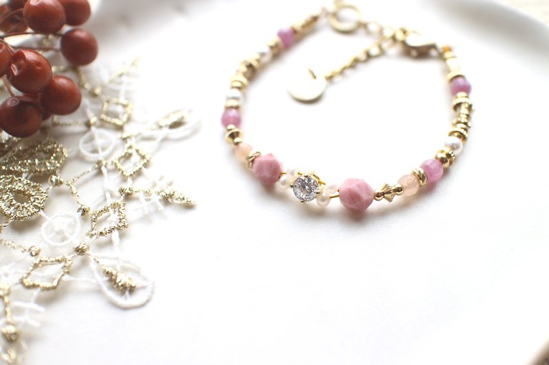 公主夢-紅寶石 珍珠 鋯石 黃銅手環 - 手鍊/手鐲 - 寶石 粉紅色