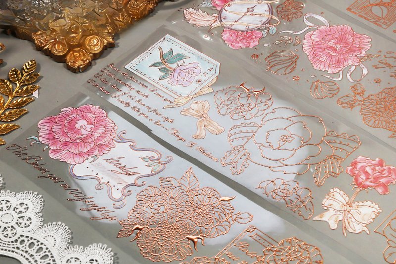 Rose Letter Sticker Light Pink Floral PET Japanese Paper Tape Hot Rose Gold 10m Roll Made in Taiwan - มาสกิ้งเทป - วัสดุอื่นๆ สึชมพู