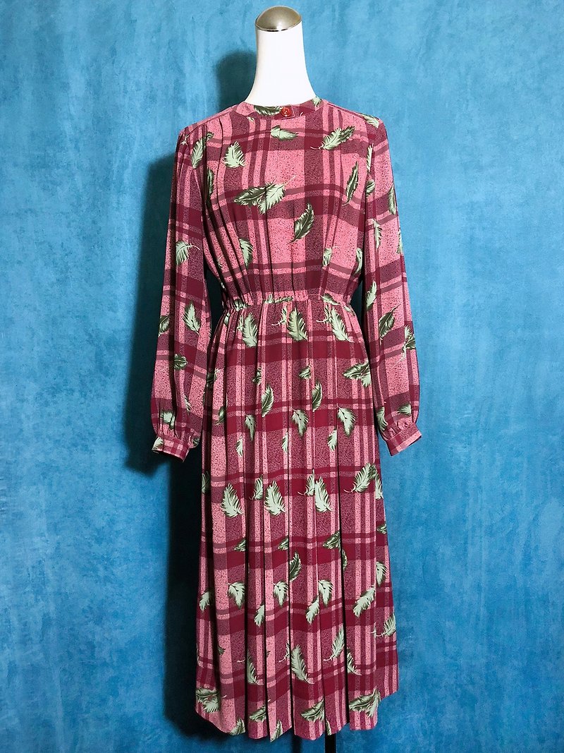 Ping-pong vintage [Vintage dress / leaf plaid chiffon long-sleeved vintage dress] bring back VINTAGE - ชุดเดรส - เส้นใยสังเคราะห์ สึชมพู