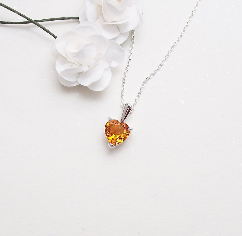 Final limited heart-shaped citrine whiskey yellow pendant necklace hand made sterling silver - Necklaces - Crystal Orange