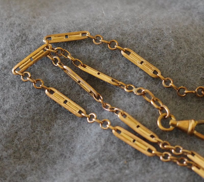 Antique French gold-filled long window pattern carved pocket watch chain bracelet necklace BR261 - สายนาฬิกา - โลหะ สีทอง