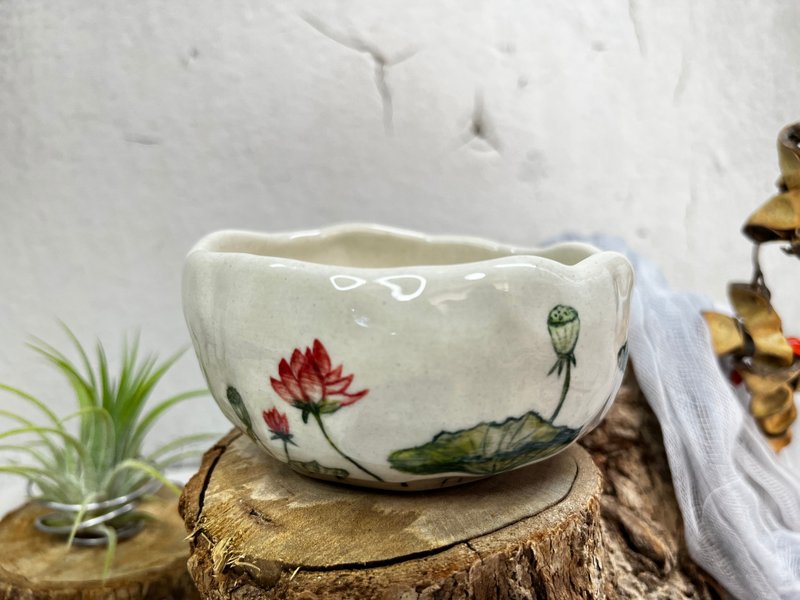 Handmade hand-kneaded pottery underglaze painted tea bowl tea cup snack bowl - ถ้วย - ดินเผา 