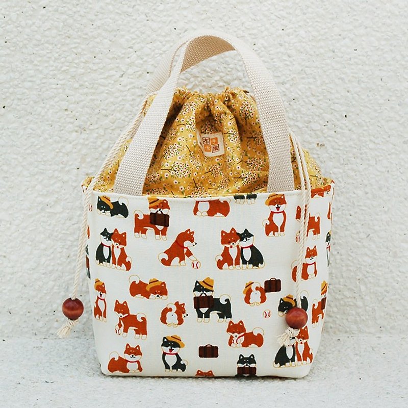 日本柴犬束口提袋/餐袋 - 手提包/手提袋 - 棉．麻 橘色