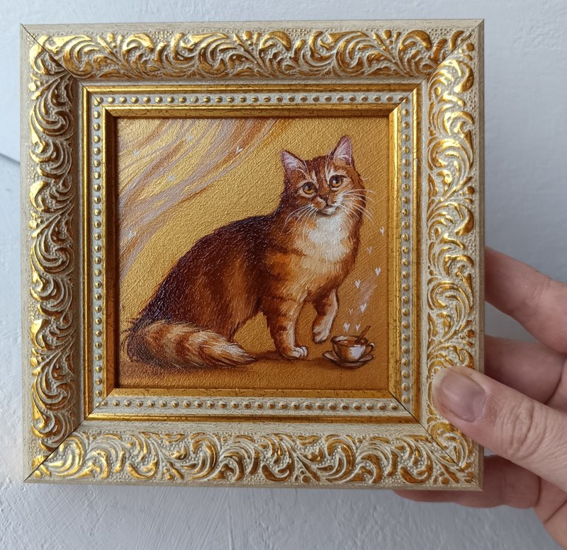 紅貓和咖啡油畫金色小貓藝術10*10厘米 - 壁貼/牆壁裝飾 - 其他金屬 金色