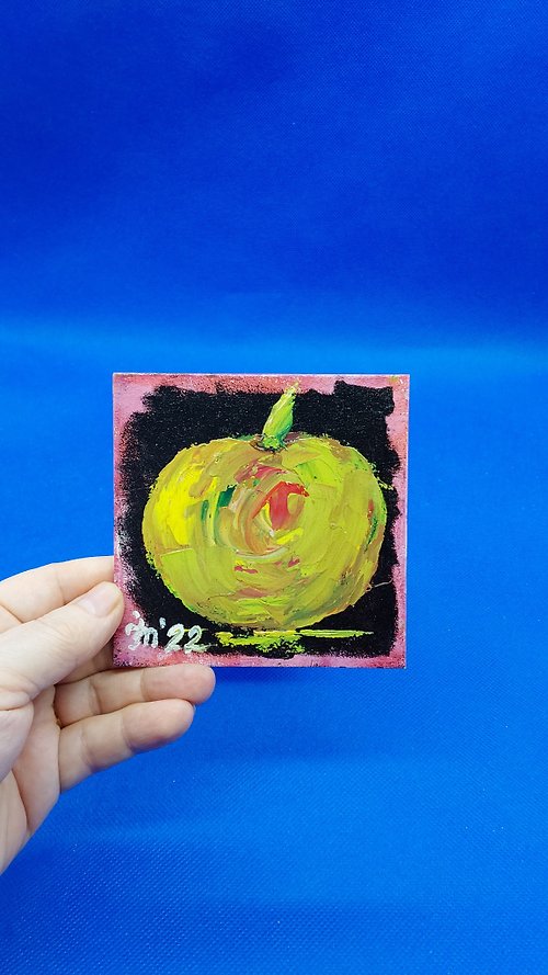 CosinessArt Green Apple Fruit Original Mini Oil Painting Kitchen Wall Art Original Artwork