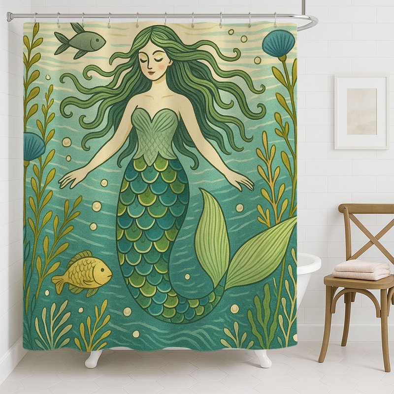 Mermaid美人魚綠色浴簾衛生間乾濕分離防水布簾免打孔套裝淋浴隔 - 衛浴用品/浴室收納 - 聚酯纖維 綠色