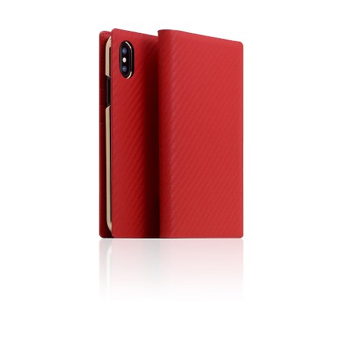 SLG Design SLG Design iPhone Xs / X D+ ICL 碳纖紋 頂級真皮側掀皮套 - 紅