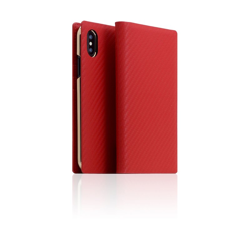 SLG Design iPhone Xs / X D+ ICL Carbon Fiber Grain Top Leather Side Flip Leather Case-Red - เคส/ซองมือถือ - หนังแท้ สีแดง