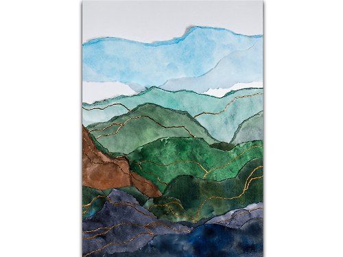 Nadya Ya Art Green Mountains Painting Original Art Mixed-Media Artwork Collage Technique
