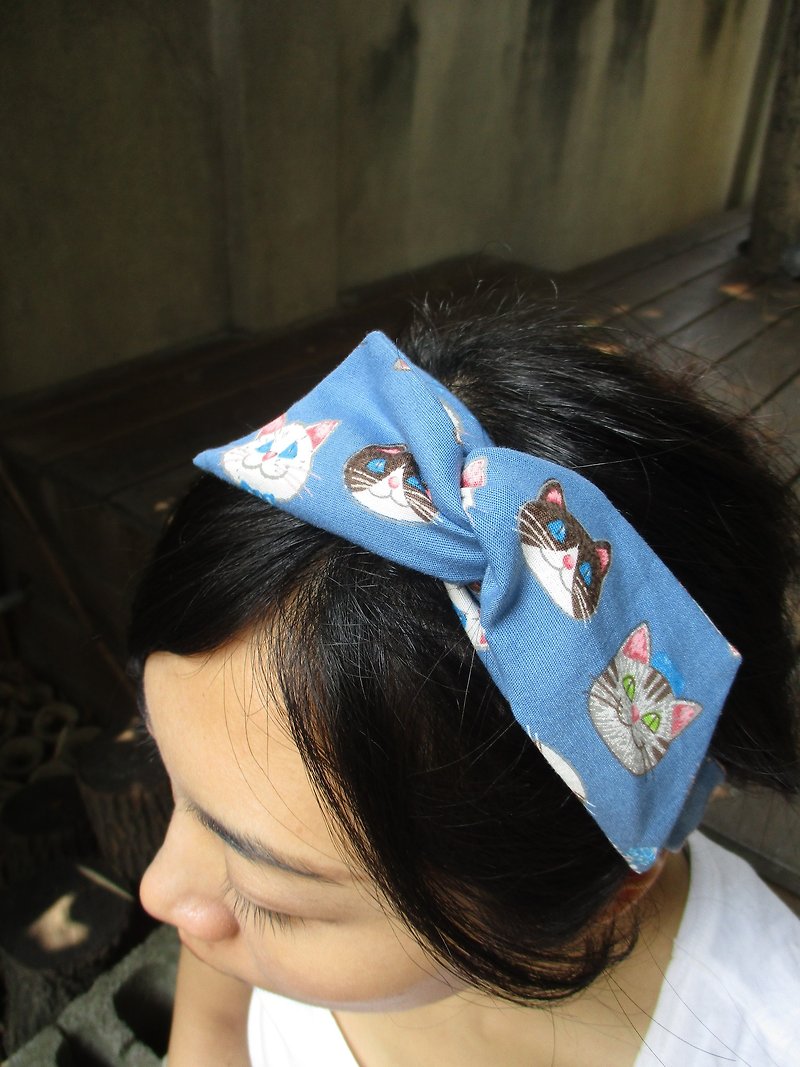 Forwarding belt (manual)-bow tie ears-Q cat blue - Hair Accessories - Cotton & Hemp Blue