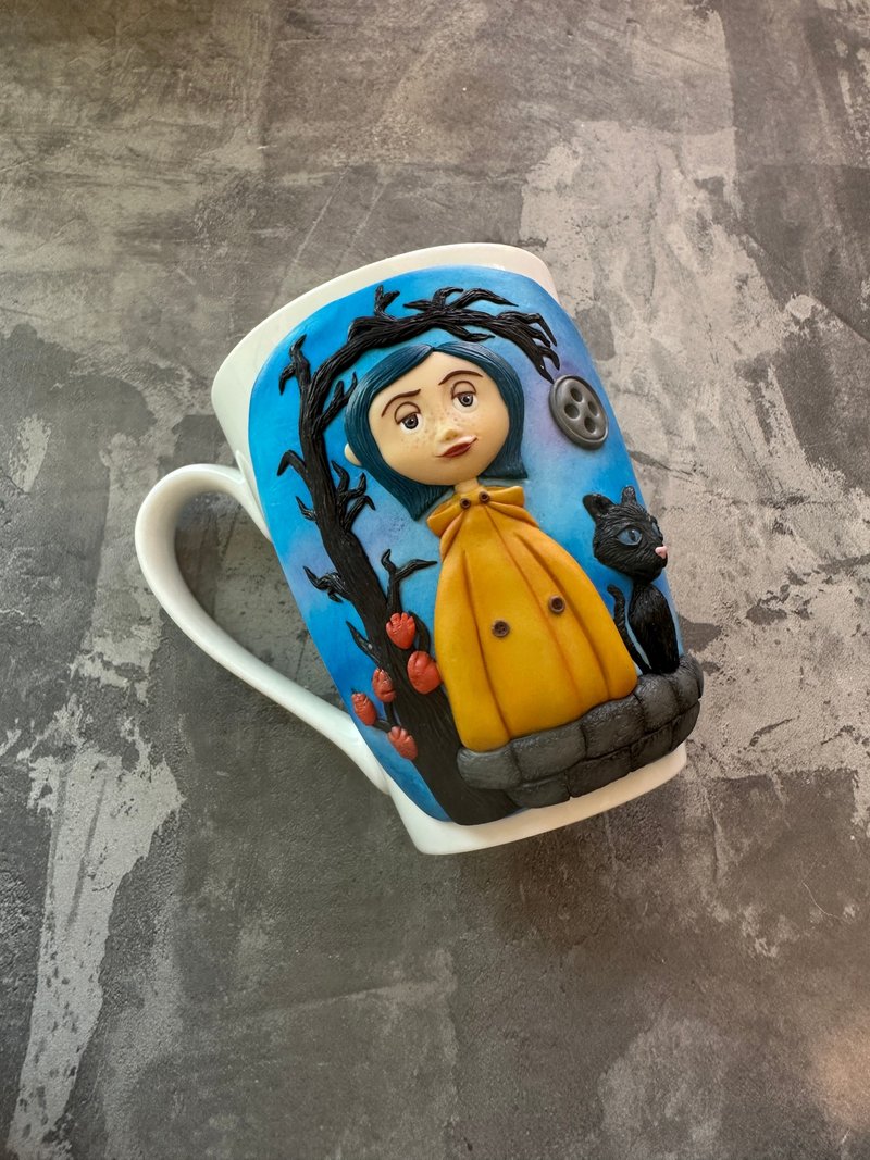 Coraline Inspired Mug, Spooky Design Featuring Coraline doll, Horror Halloween - Pottery & Ceramics - Glass White