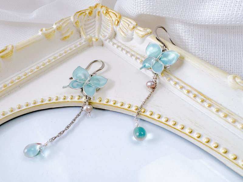 Butterfly dip art earrings (Sky blue pearl) _allergy-friendly_0062 - 耳環/耳夾/耳骨夾 - 珍珠 藍色