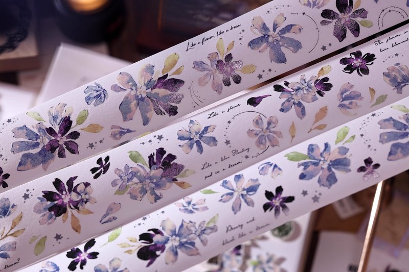 夢  輕復古夢幻藍白紫花卉和紙特油PET切模手帳膠帶 - 紙膠帶/和紙/PET - 紙 卡其色