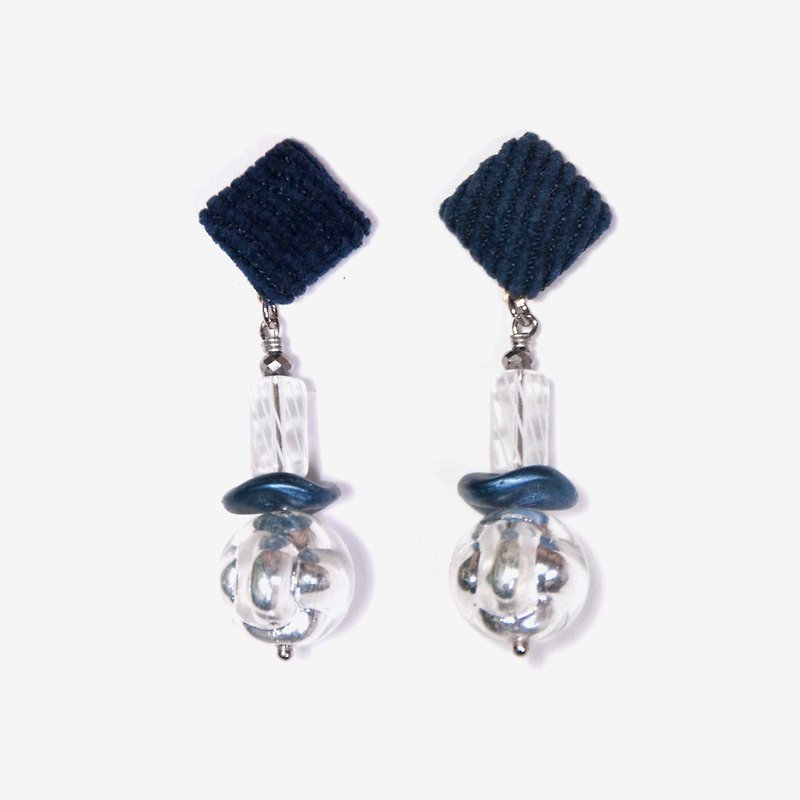 Navy Blue Corduroy Square Silver Knot Ball Earrings, Post Earrings, Clip On Earrings - ต่างหู - อะคริลิค สีน้ำเงิน