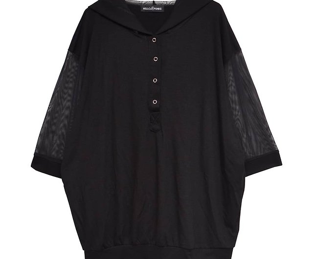 Short sleeve mesh hoodie/black/F size/hellcatpunks/hcp-pk-0051