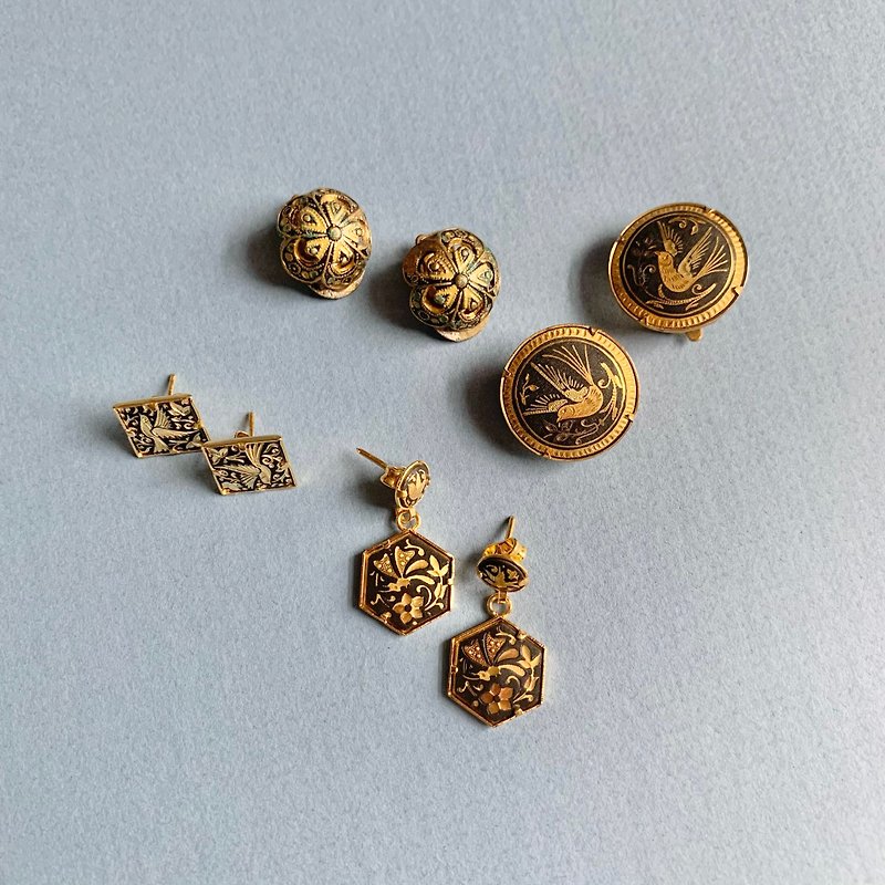 Vintage earrings / Damascene Damascene metal brocade - Earrings & Clip-ons - Other Metals Gold