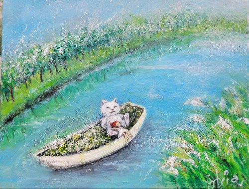 sylvia illustrator靜花園 油畫:倘佯在大河的小船