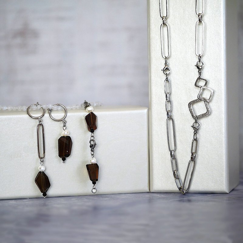 Clip Necklace and Clip-On/Pierce ~Smoky Quartz~ - Necklaces - Other Metals Silver
