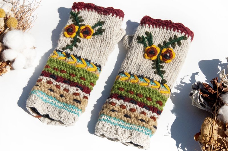 Hand-knitted Pure Wool Gloves / Fingerless Gloves / Fleece-Lined Gloves / Warm Gloves - Nordic Embroidered Flowers - ถุงมือ - ขนแกะ หลากหลายสี