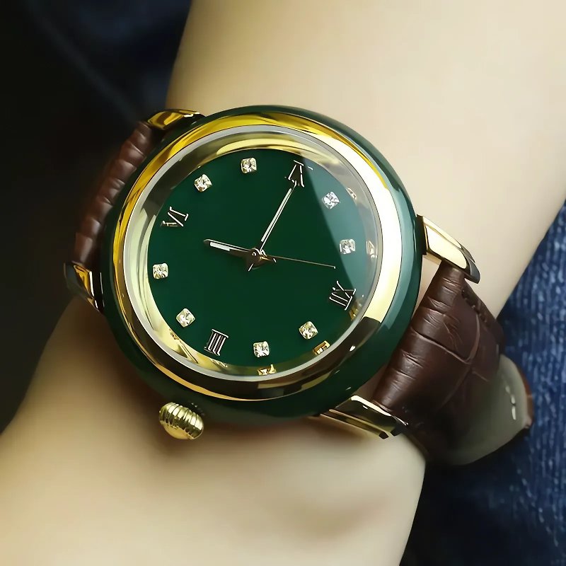 Khotan jade quartz watch cowhide strap with jade identification - นาฬิกาผู้หญิง - หยก 