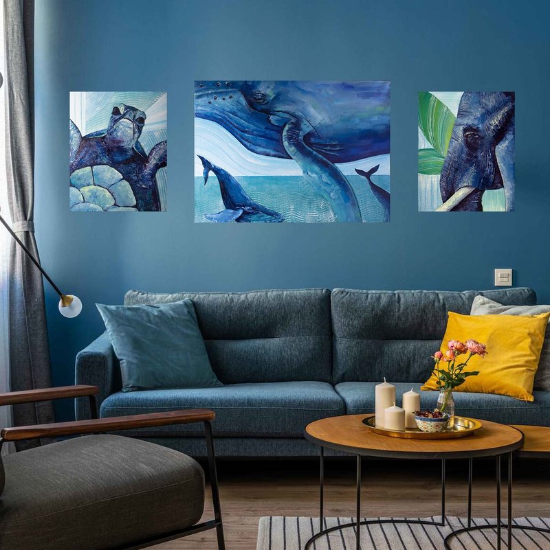 Acrylic painting triptych: elephant, turtle, whales. Blue 3d art for interior - Posters - Acrylic Multicolor